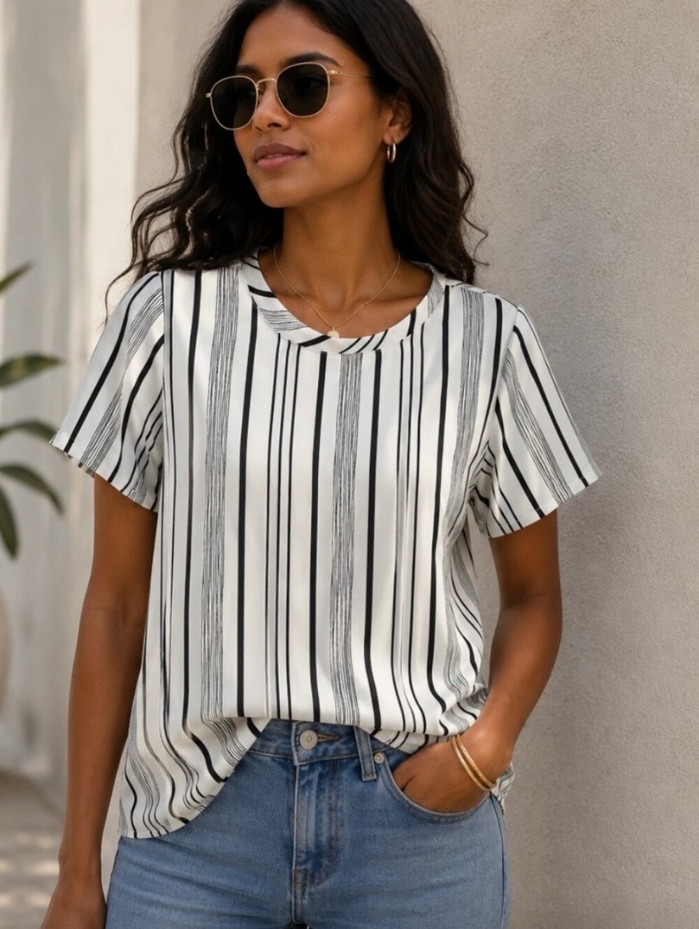 LOFT White and Black Striped Blouse